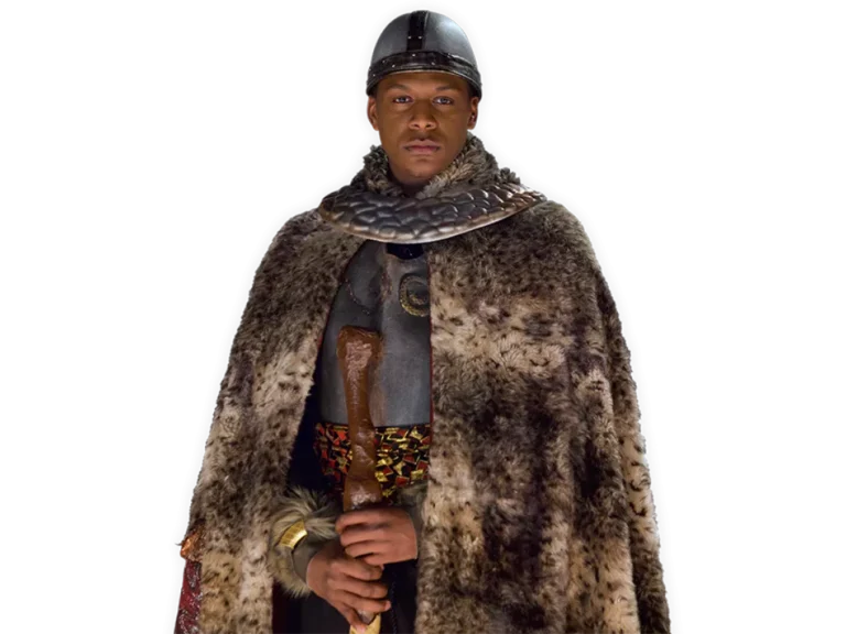 Viking noble Frode wearing a fur cape and an iron helmet