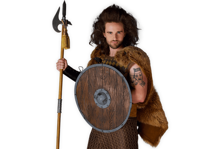 Viking warrior Ivar holding a spear and wooden shield