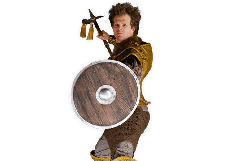 Viking Axel holding a spear and wooden shield