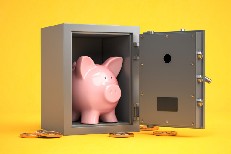 Piggy bank in vault safe. Secured Debt Imagery.