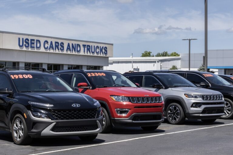 Used car display at a dealership.